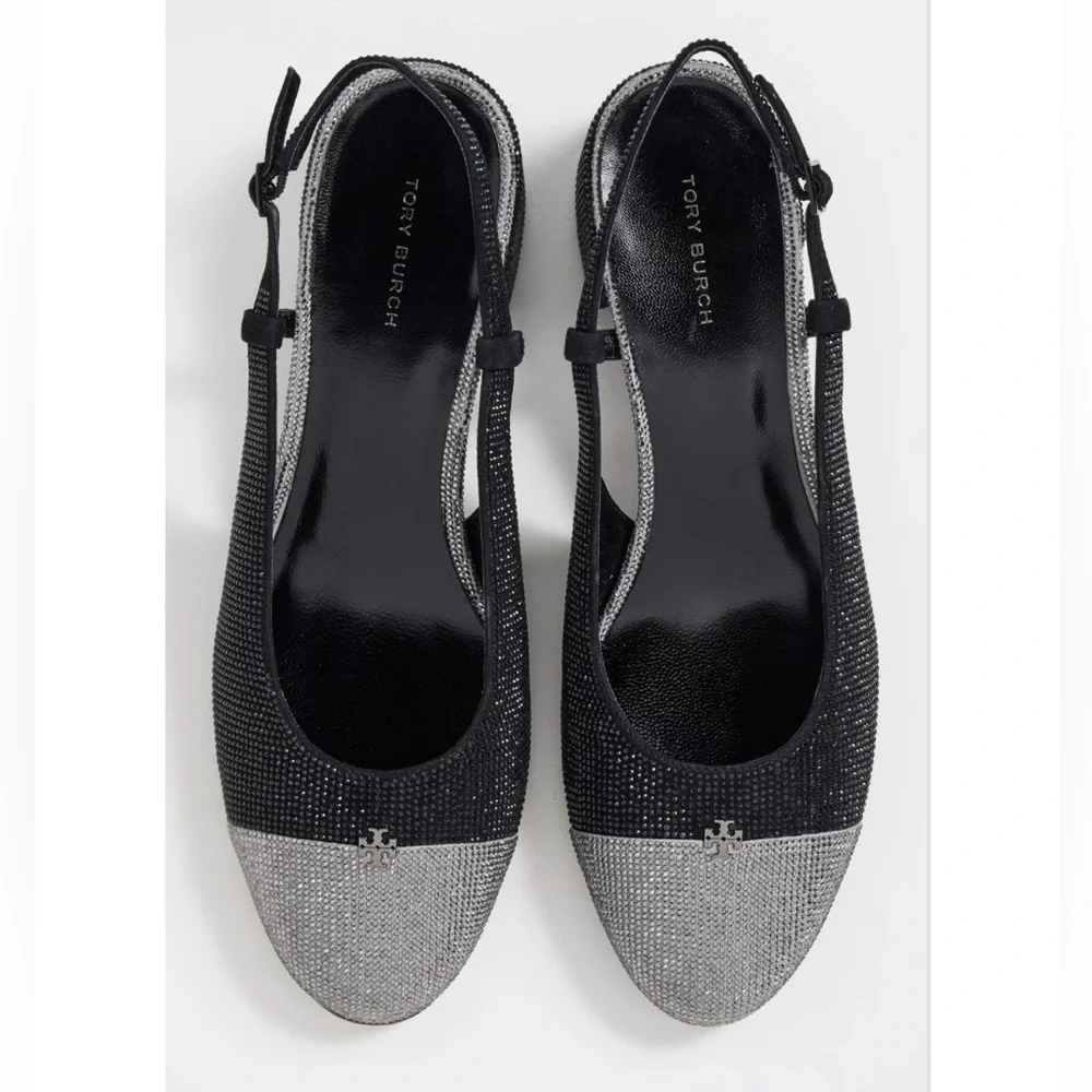 Tory Burch Cap Toe‎ Pave Slingback Heels in Black Silver Size 7